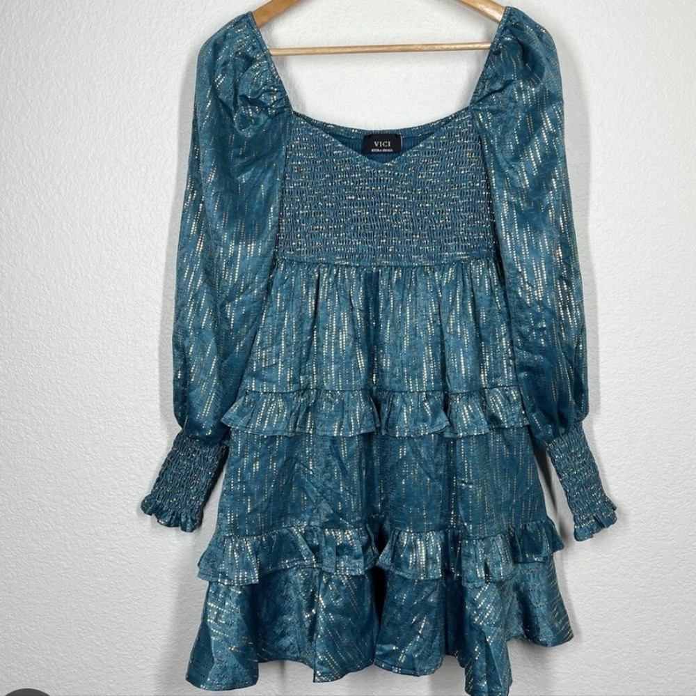 Vici Shine Tiered Dress Long Sleeve Babydoll Women Teal‎ SzM Metallic